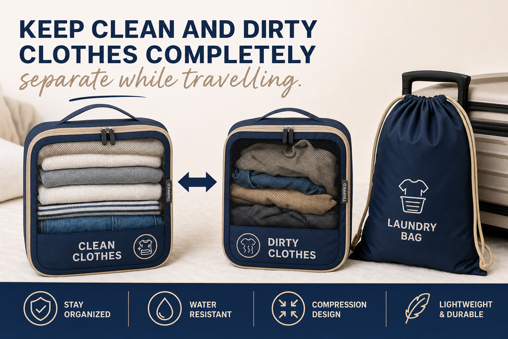 Packing cubes separating clean and dirty travel clothes