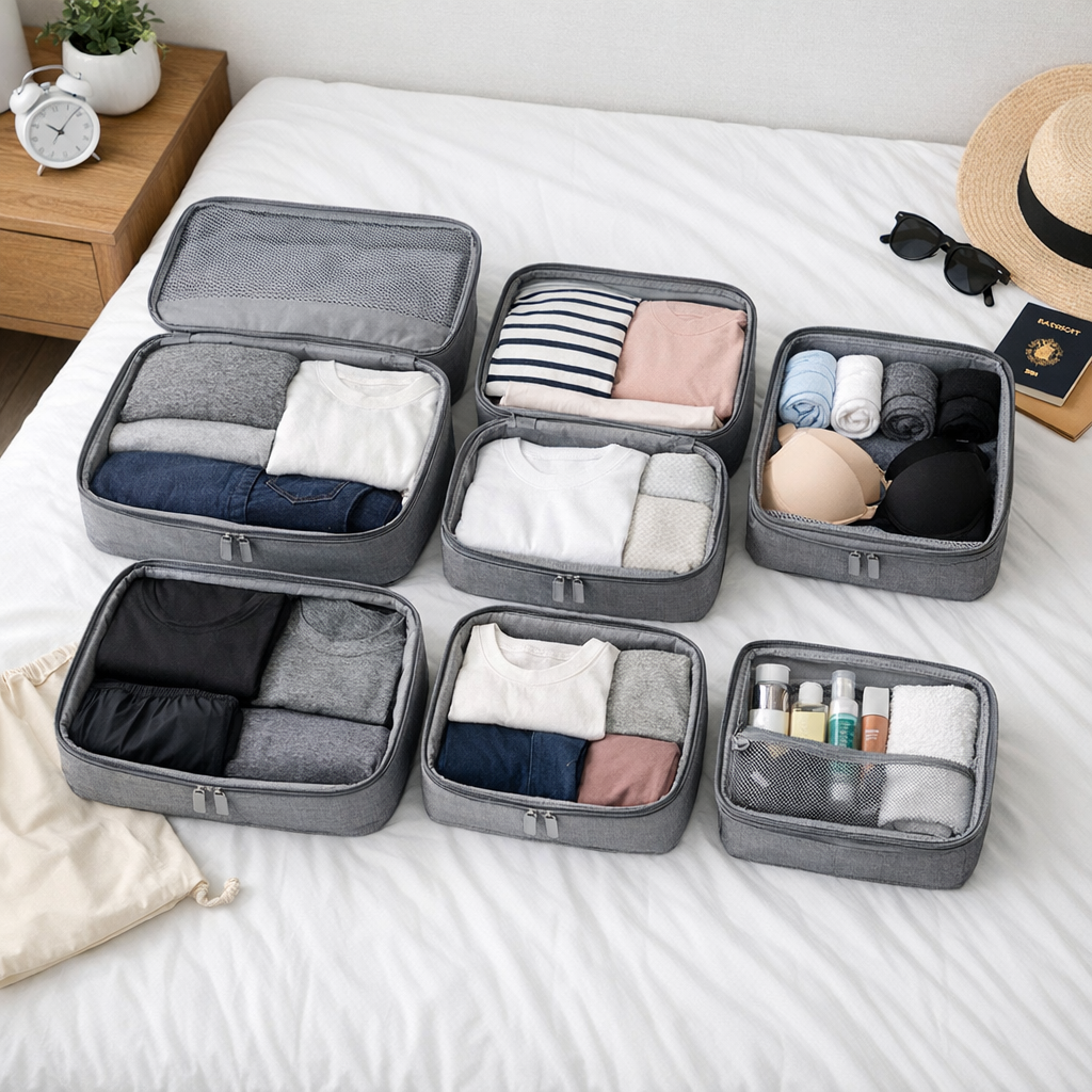 Packing cubes flat lay with neatly folded clothes inside