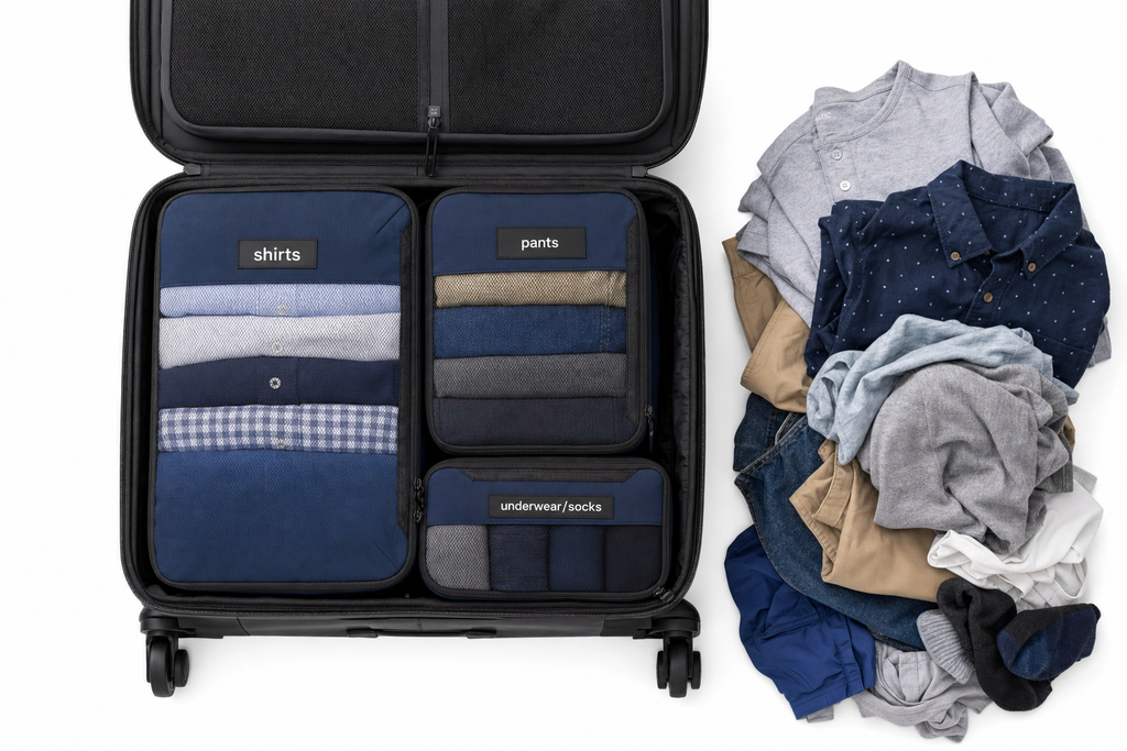 Packing cubes neatly organised in open suitcase