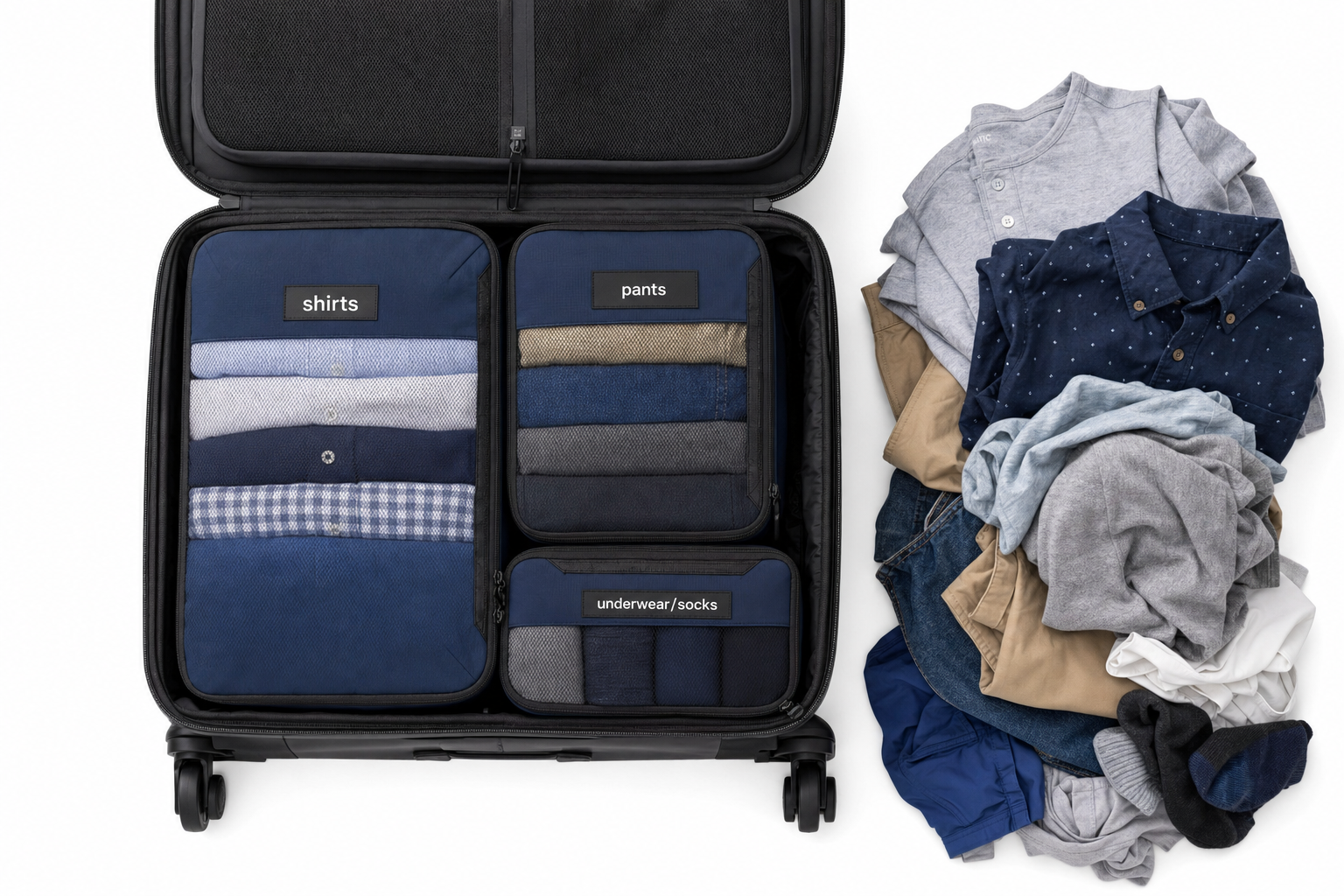 Packing cubes neatly organised in open suitcase