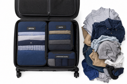 Packing cubes neatly organised in open suitcase