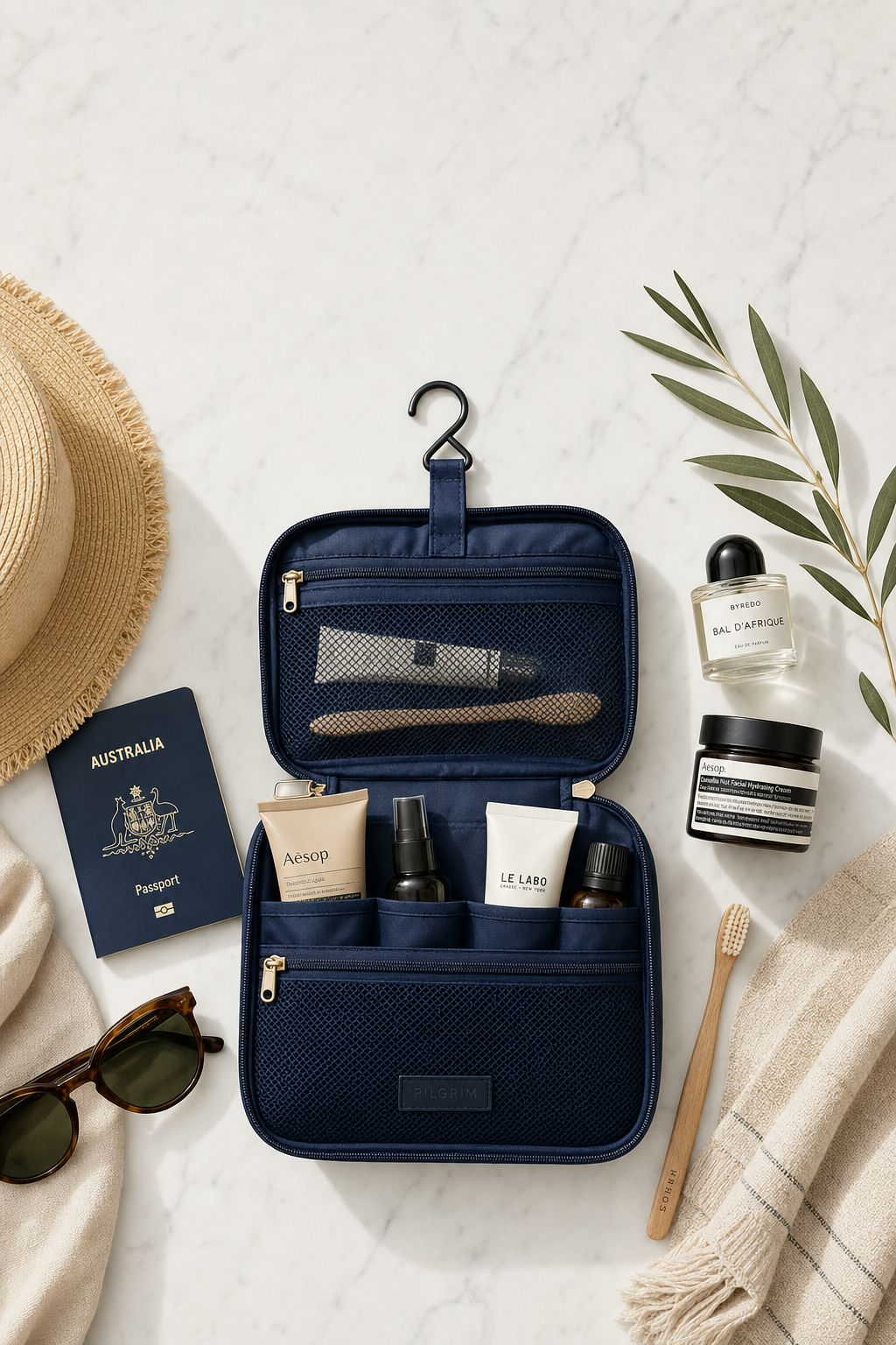 Hanging travel toiletry bag in use in hotel bathroom