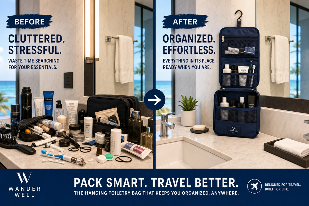 Toiletry bag comparison: cluttered vs organised travel