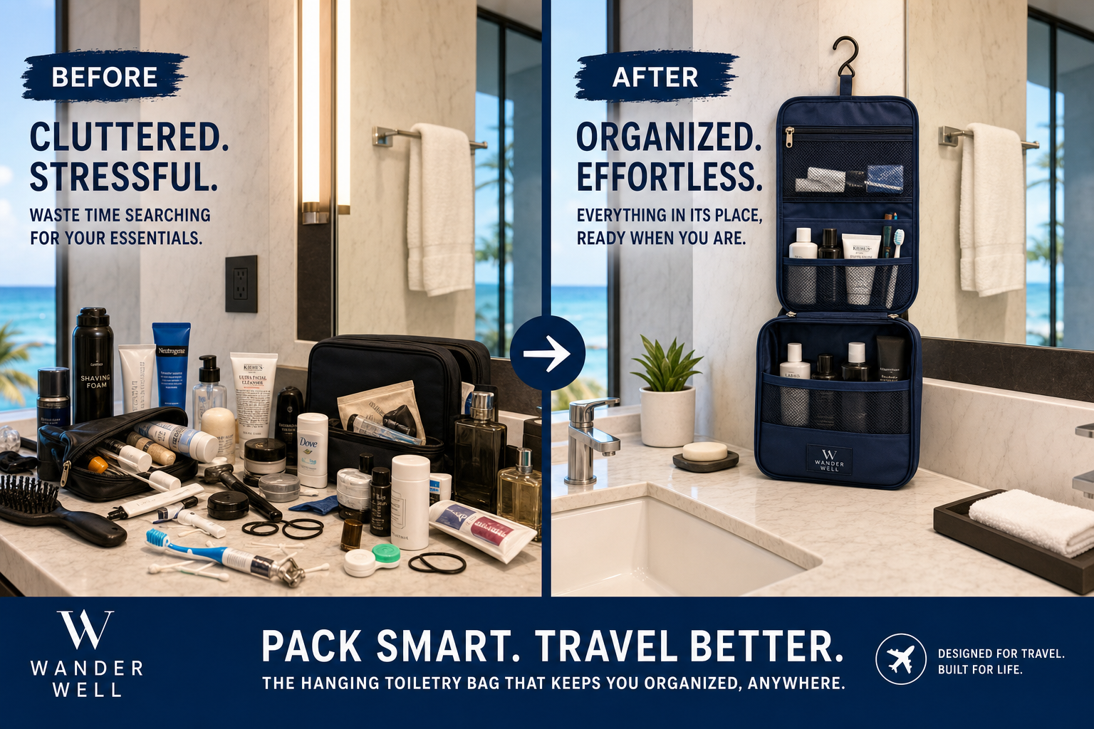 Toiletry bag comparison: cluttered vs organised travel