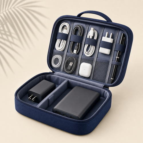 Travel Wash Cable Organiser open navy clamshell with lid organiser panel and divided base