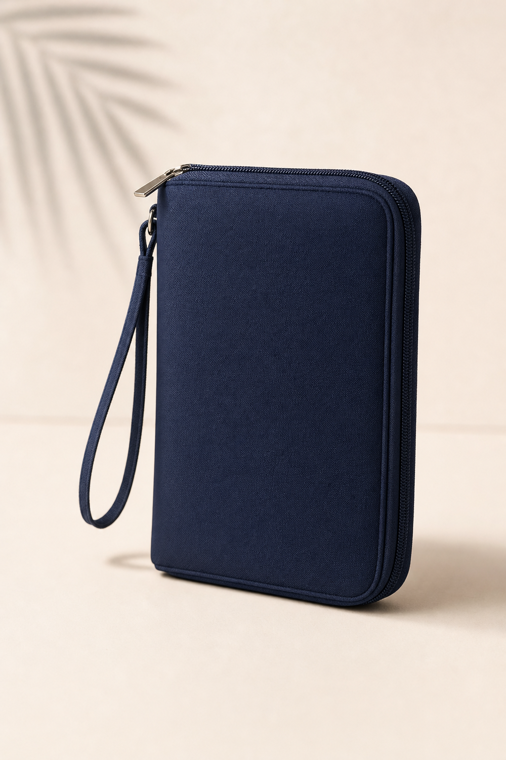 Travel Wash Family Passport Holder closed navy with wrist strap