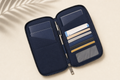 Travel Wash Family Passport Holder open navy organiser with passports cards and pen