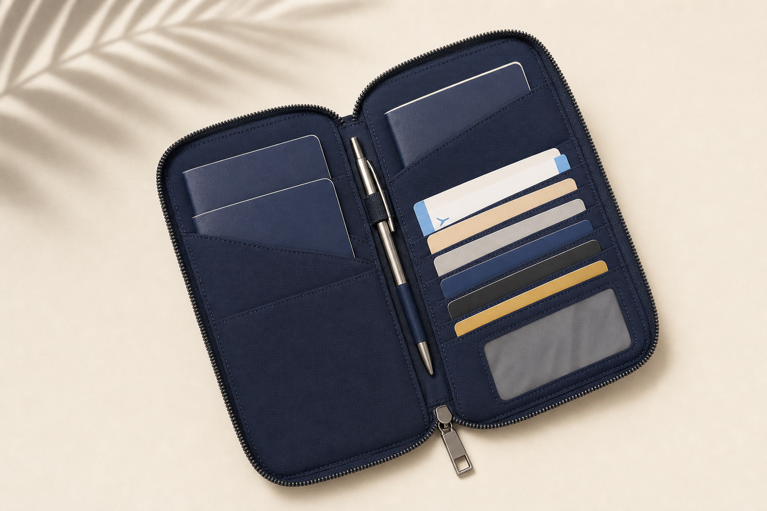 Travel Wash Family Passport Holder open navy organiser with passports cards and pen