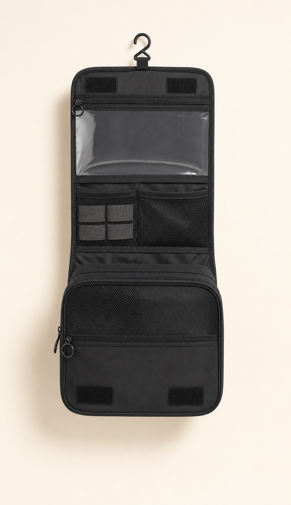 Travel Wash Toiletry Organiser open showing interior compartments - Black