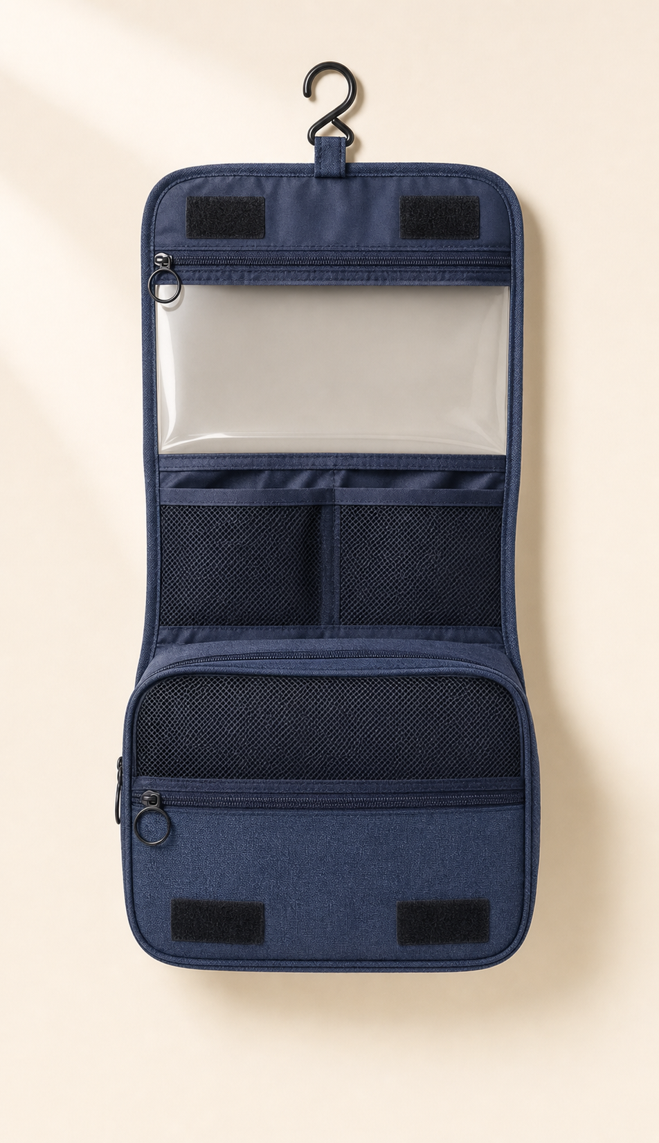 Travel Wash Toiletry Organiser open showing interior compartments - Navy Blue
