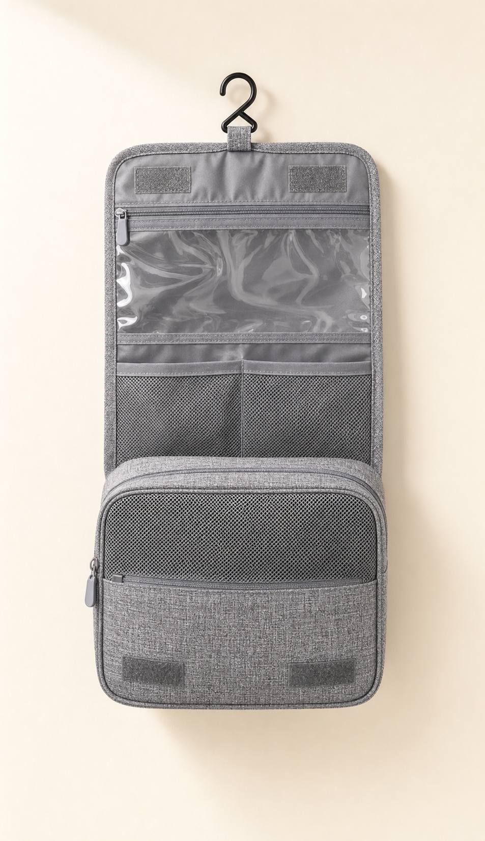 Travel Wash Toiletry Organiser open showing interior compartments - Grey