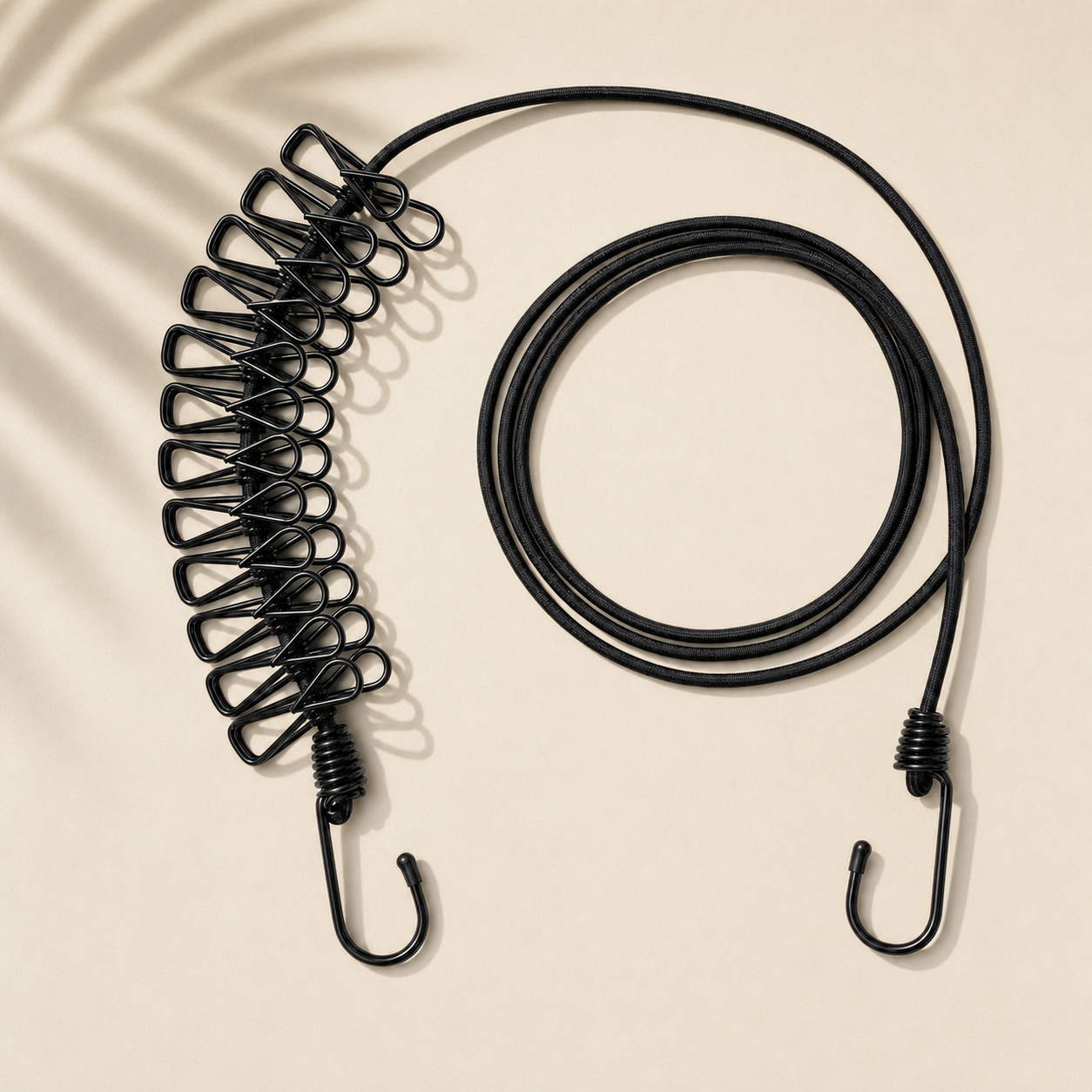 Travel Wash bungee clothesline - black elastic cord with metal clips and S-hooks, what you get