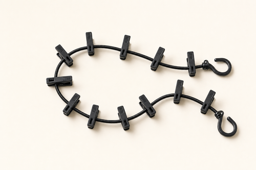 Travel Wash bungee clothesline with 12 black pegs and S-hooks