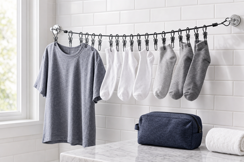 Travel Wash bungee clothesline set up in a bathroom with clothes hanging from the metal clips