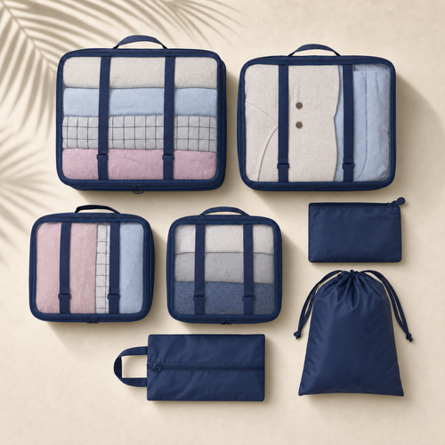 Travel Wash navy packing cubes 7-piece set flat lay with shoe bag and drawstring bag