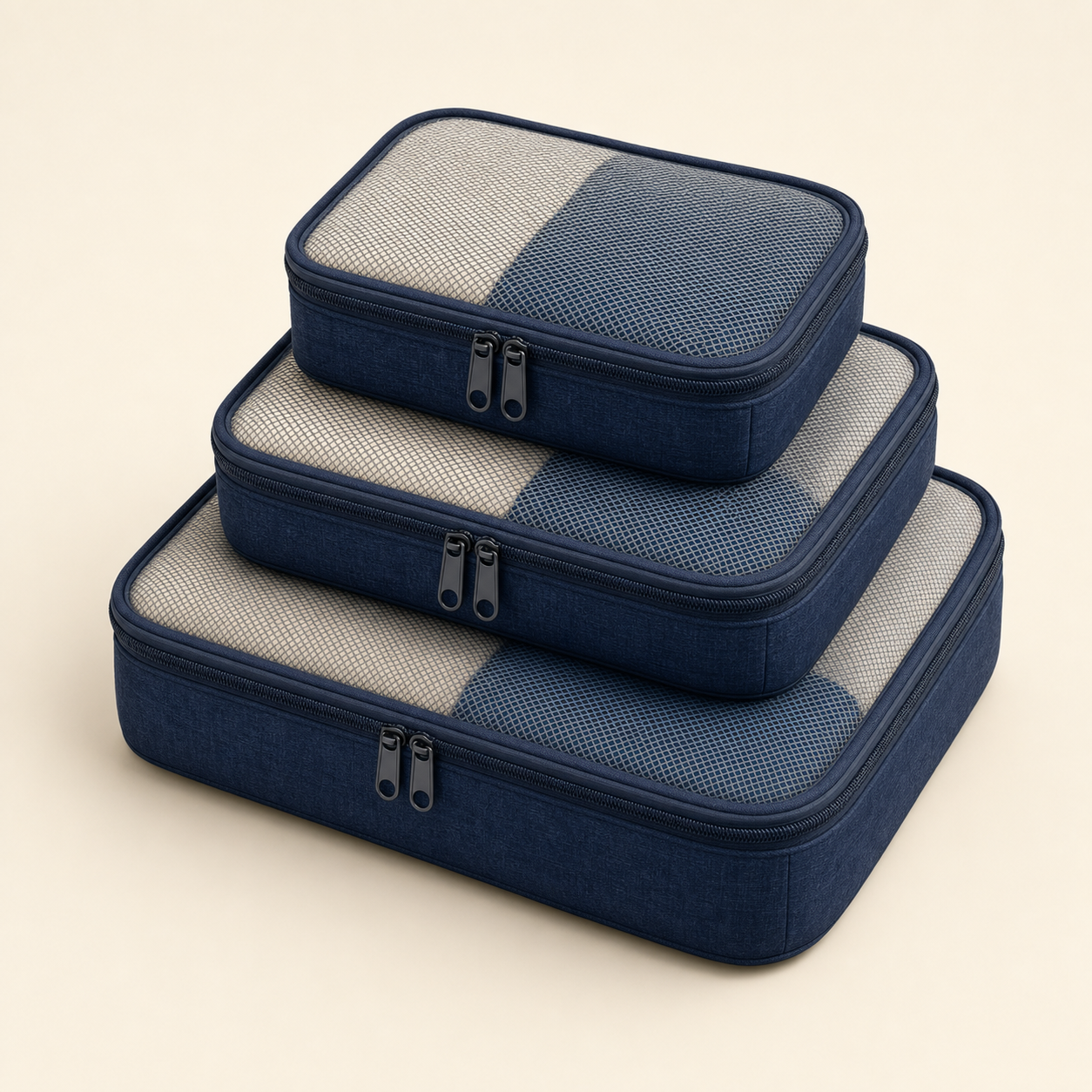 Travel Wash Compression Packing Cubes - set of 3 navy stacked on cream