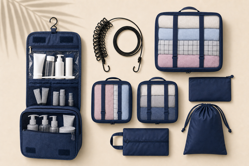 Travel Wash Kit - navy toiletry bag, bungee clothesline and packing cubes set, full 7-piece kit flat lay