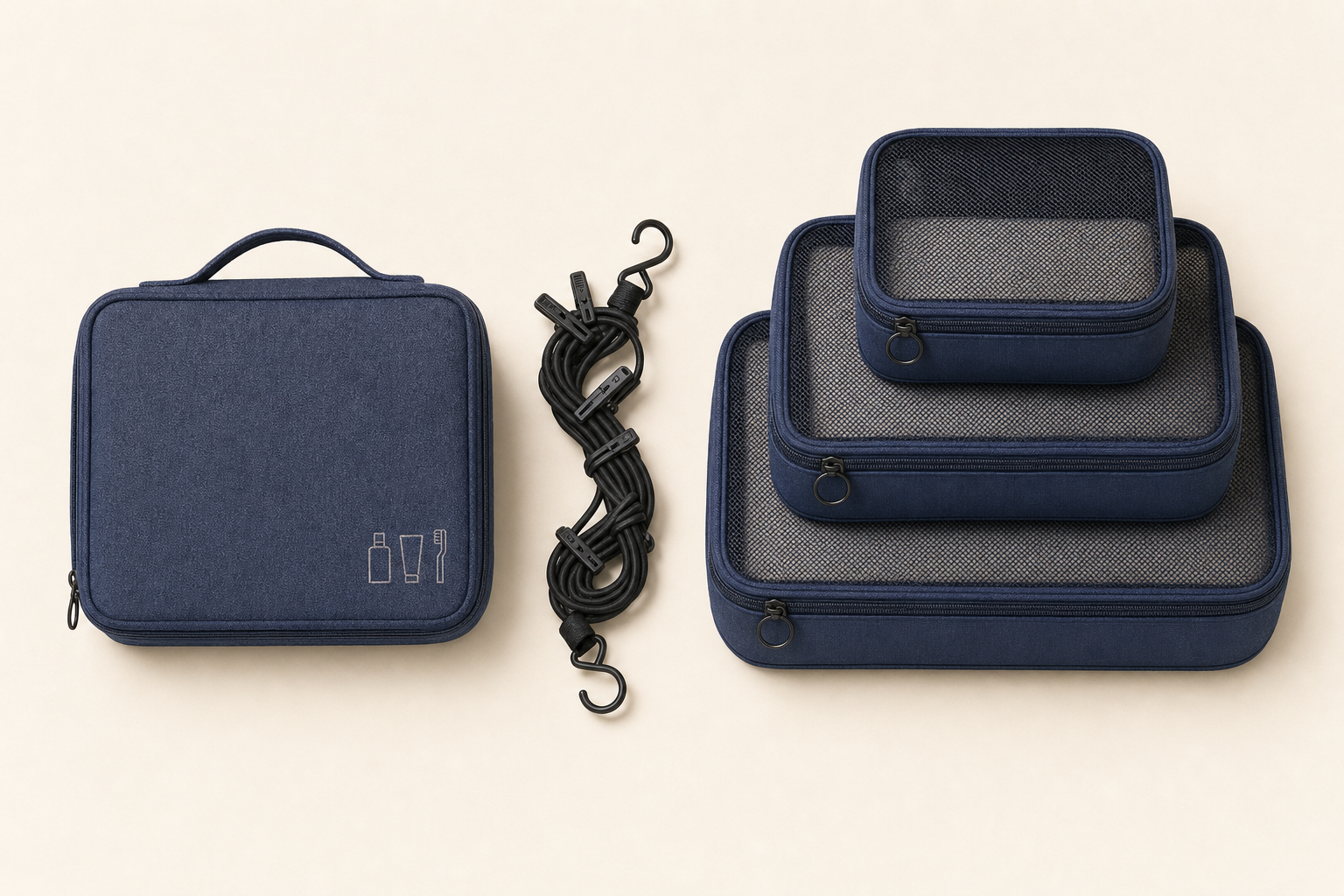 Travel Wash Kit - new bag, clothesline and packing cubes in navy on cream