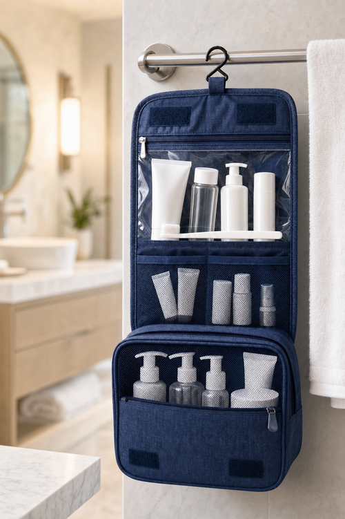 Travel Wash Toiletry Organiser hanging on a hotel bathroom rail loaded with travel toiletries