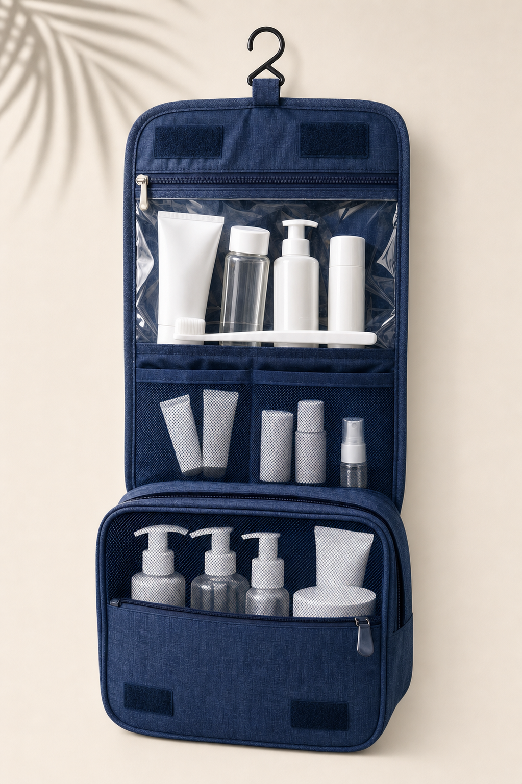 Travel Wash Toiletry Organiser in Blue, hanging open showing interior pockets
