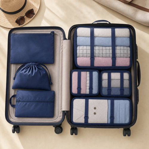 Travel Wash navy packing cubes packed neatly inside an open suitcase